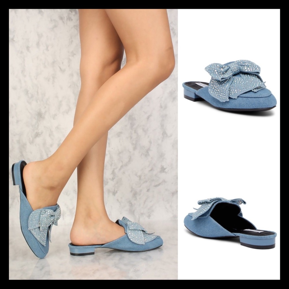 Cape Robbin Adel Denim Bow Mules Shoes - Picture 1 of 5